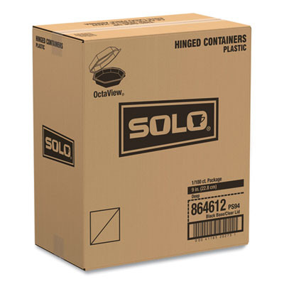 Octaview Hinged-Lid Cold Food Containers, 42 Oz, 9.57 x 9.2 x 3.2, Black/Clear, Plastic, 100/Carton