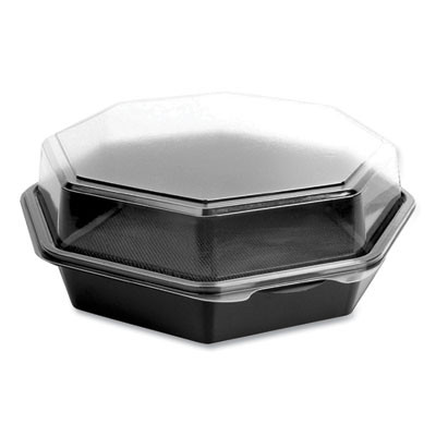 Octaview Hinged-Lid Cold Food Containers, 42 Oz, 9.57 x 9.2 x 3.2, Black/Clear, Plastic, 100/Carton