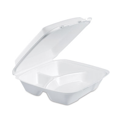 Foam Hinged Lid Container, 3 Compartments, 8 Oz, 9 x 9.4 x 3, White, 100/Sleeve, 2 Sleeves/Carton