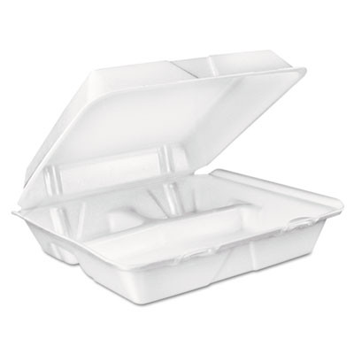 Foam Hinged Lid Container, 3 Compartments, 8 Oz, 9 x 9.4 x 3, White, 100/Sleeve, 2 Sleeves/Carton