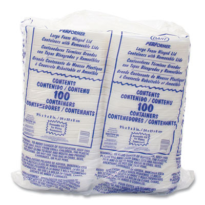Foam Hinged Lid Container, Performer Perforated Lid, 9 X 9.4 X 3, White, 100/Bag, 2 Bag/Carton