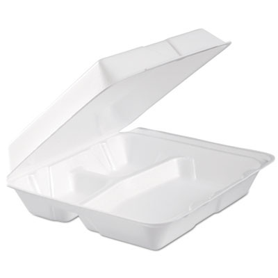 Foam Hinged Lid Container, 3 Compartments, 9.3 x 9.5 x 3, White, 100/Bag, 2 Bag/Carton