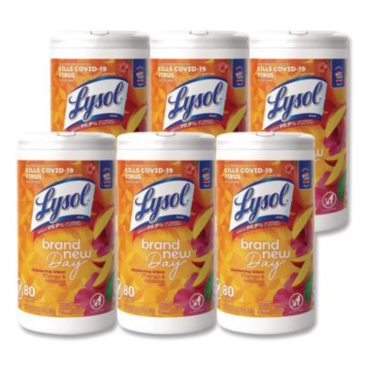 Disinfecting Wipes, 1-Ply, 7 x 7.25, Mango And Hibiscus, White, 80 Wipes/Canister, 6 Canisters/Carton