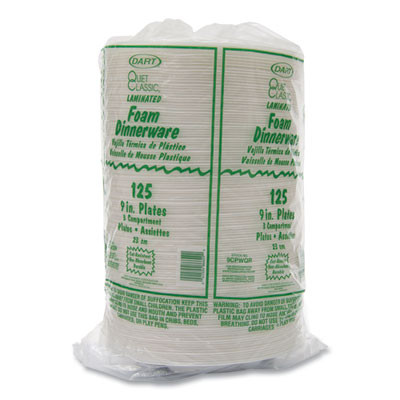 Quiet Classic Laminated Foam Plates, 3-Compartment Plate, 9" Dia, White, 125/Pack, 4 Packs/Carton