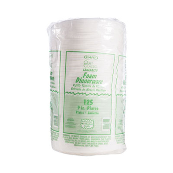 Quiet Classic Laminated Foam Dinnerware Plate, 9" Dia, White, 125/Pack