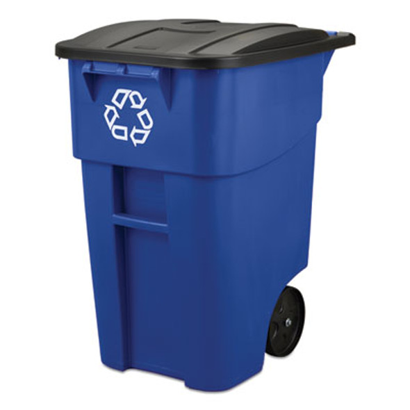 Square Brute Recycling Rollout Container, 50 Gal, Plastic, Blue