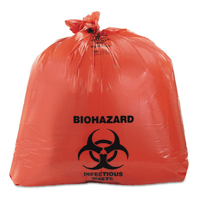 Healthcare Biohazard Printed Can Liners, Biohazard Infectious Waste, 10 Gal, 1.3 Mil, 24" x 23", Red, Flat Pack, 500/Carton