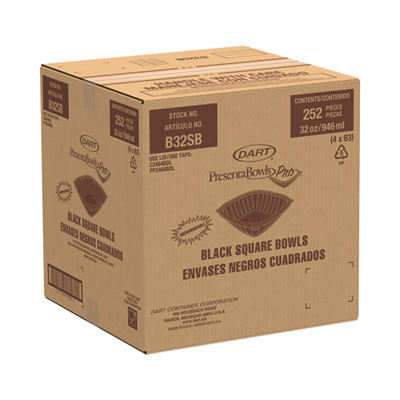 Presentabowls Pro Black Square Bowls, 32 Oz, 8.5 x 8.5 x 2, Plastic, 63/Bag, 4 Bags/Carton