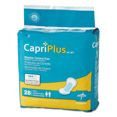 Capri Plus Bladder Control Pads, Extra Plus, 6.5 x 13.5, 28/Pack, 6/Carton