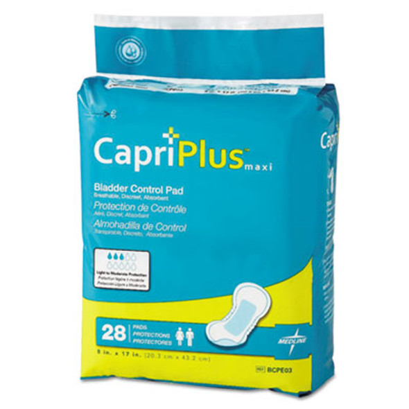 Capri Plus Bladder Control Pads, Ultra Plus, 8" X 17", 28/Pack, 6/Carton