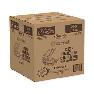 Clearseal Hinged-Lid Plastic Containers, 3 Compartments, 9.4 x 8.9 x 3, Plastic, 100/Bag, 2 Bags/Carton