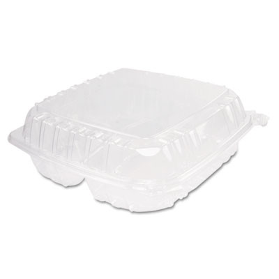 Clearseal Hinged-Lid Plastic Containers, 3 Compartments, 9.4 x 8.9 x 3, Plastic, 100/Bag, 2 Bags/Carton
