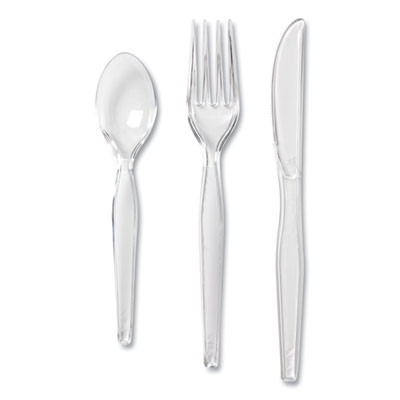Cutlery Keeper Tray With Clear Plastic Utensils, Heavyweight, Fork/Knife/Spoon, Plastic, Crystal Clear, 180/Pack
