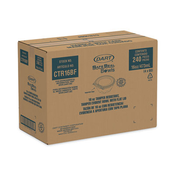 Tamper-Resistant, Tamper-Evident Bowls With Flat Lid, 16 Oz, 5.5" Diameter x 2.7" h, Clear, Plastic, 240/Carton