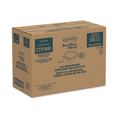 Safeseal Tamper-Resistant, Tamper-Evident Bowls With Flat Lid, 16 Oz, 5.5" Diameter x 2.7" h, Clear, Plastic, 240/Carton