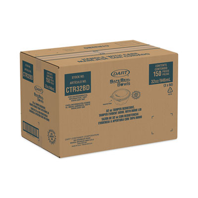 Safeseal Tamper-Resistant, Tamper-Evident Bowls With Dome Lid, 32 Oz, 7" Diameter x 3.4" h, Clear, Plastic, 150/Carton