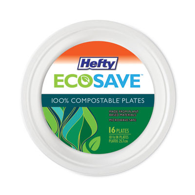Ecosave Tableware, Plate, Sugarcane, 10.13" Dia, White, 16/Pack, 12 Packs/Carton