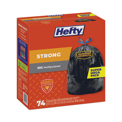 Strong Multipurpose Drawstring Trash Bags, 30 Gal, 1.1 Mil, 30" x 33", Black, 74/Box