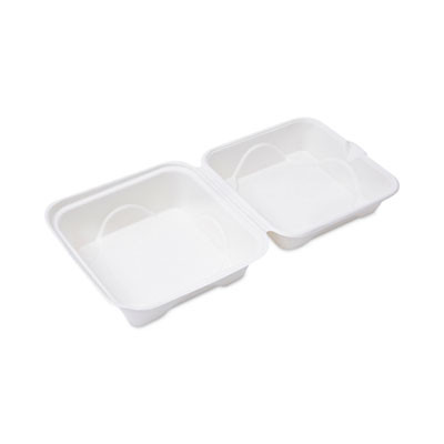 Molded Fiber Hinged Clamshell Containers, 6 x 6 x 3, White, Sugarcane, 50/Pack, 10 Packs/Carton