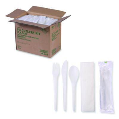 Plantware Compostable Cutlery Kit, Fork/Knife/Napkin/Spoon, Pearl White, 250 Kits/Carton