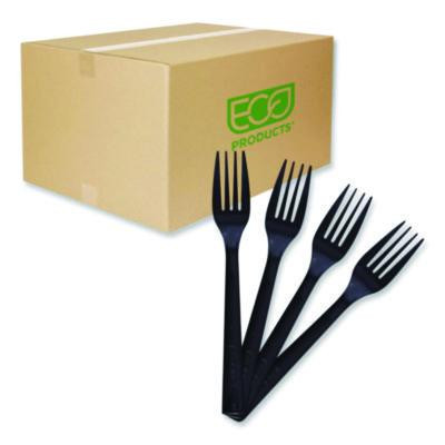 100% Recycled Content Cutlery, Fork, Plastic, Black, 50/Pack, 20 Packs/Carton