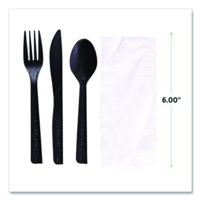 100% Recycled Content Cutlery Kit, Heavyweight Fork/Knife/Soup Spoon/Spoon, Plastic, Black, 250/Carton