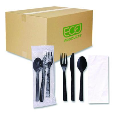 100% Recycled Content Cutlery Kit, Heavyweight Fork/Knife/Soup Spoon/Spoon, Plastic, Black, 250/Carton