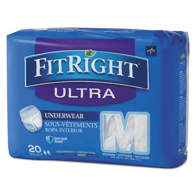Fitright Ultra Protective Underwear, Medium, 28" To 40" Waist, 20/Pack