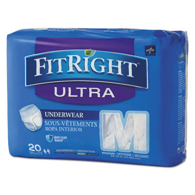 Fitright Ultra Protective Underwear, Medium, 28" To 40" Waist, 20/Pack, 4 Pack/Carton