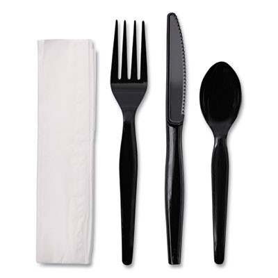 Four-Piece Cutlery Kit, Heavyweight, Fork/Knife/Napkin/Spoon, Plastic, Black, 250/Carton