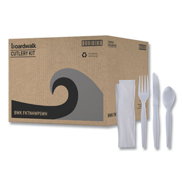 Four-Piece Cutlery Kit, Heavyweight, Fork/Knife/Napkin/Spoon, Plastic, White, 250/Carton
