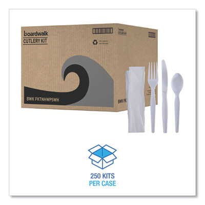 Four-Piece Cutlery Kit, Heavyweight, Fork/Knife/Napkin/Spoon, Plastic, White, 250/Carton