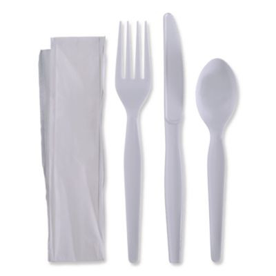 Four-Piece Cutlery Kit, Heavyweight, Fork/Knife/Napkin/Spoon, Plastic, White, 250/Carton
