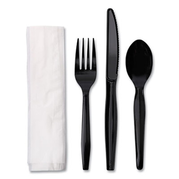 Four-Piece Cutlery Kit, Mediumweight, Fork/Knife/Napkin/Spoon, Plastic, Black, 250/Carton