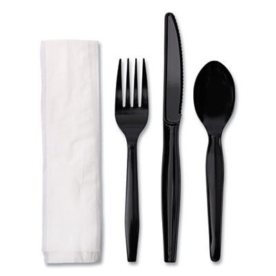 Four-Piece Cutlery Kit, Mediumweight, Fork/Knife/Napkin/Spoon, Plastic, Black, 250/Carton