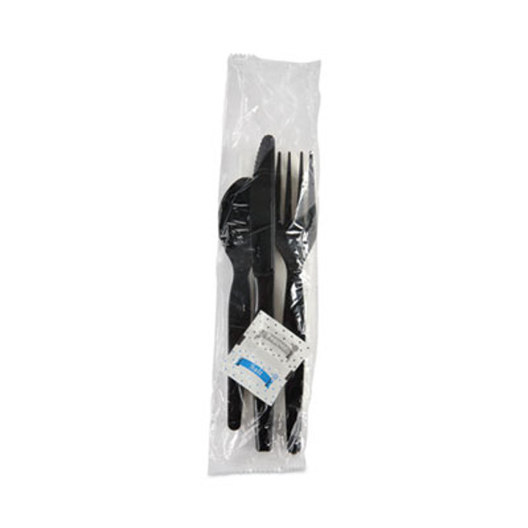 Six-Piece Cutlery Kit, Heavyweight, Fork/Knife/Napkin/Pepper/Salt/Spoon, Plastic, Black, 250/Carton