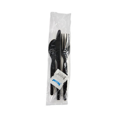 Six-Piece Cutlery Kit, Heavyweight, Fork/Knife/Napkin/Pepper/Salt/Spoon, Plastic, Black, 250/Carton