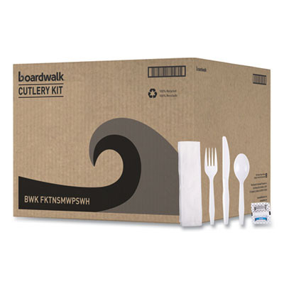 Six-Piece Cutlery Kit, Mediumweight, Fork/Knife/Napkin/Pepper/Salt/Spoon, Plastic, White, 250/Carton