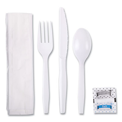 Six-Piece Cutlery Kit, Mediumweight, Fork/Knife/Napkin/Pepper/Salt/Spoon, Plastic, White, 250/Carton