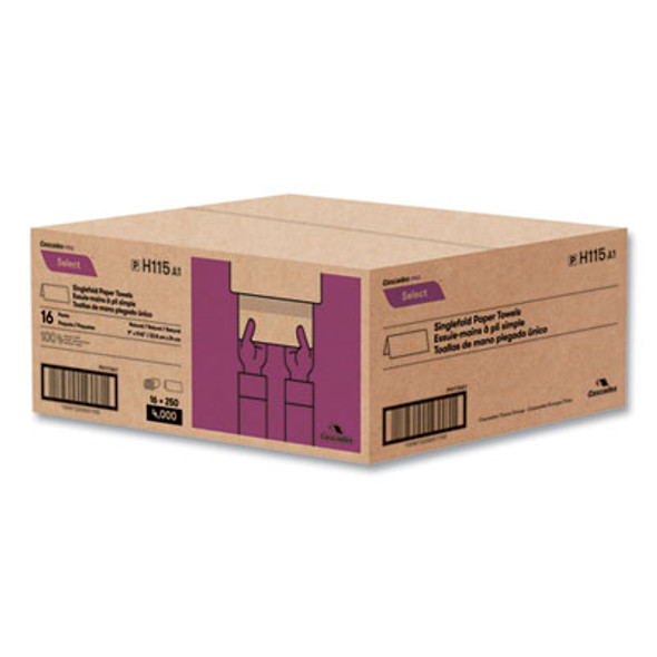 Select Folded Paper Towels, Single-Fold, 1-Ply, 9 x 9.45, Natural Brown, 250/Pack, 16 Packs/Carton