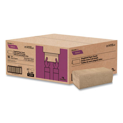 Select Folded Paper Towels, Single-Fold, 1-Ply, 9 x 9.45, Natural Brown, 250/Pack, 16 Packs/Carton