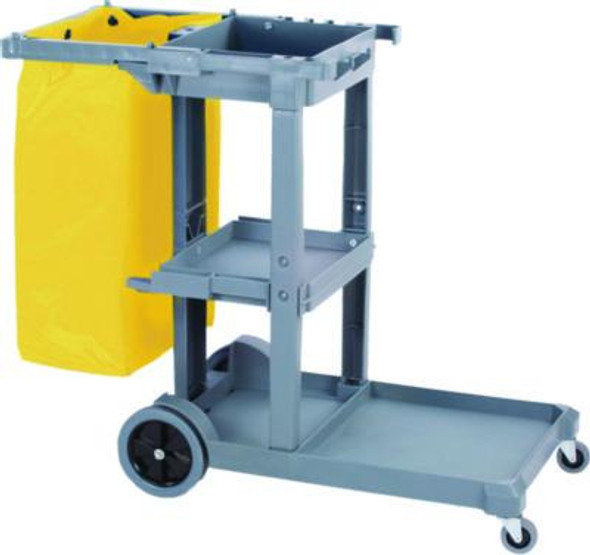 Janitor's Cart, Plastic, 4 Shelves, 1 Bin, 19" x 45" x 39", Gray
