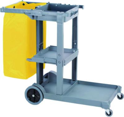 Janitor's Cart, Plastic, 4 Shelves, 1 Bin, 19" x 45" x 39", Gray