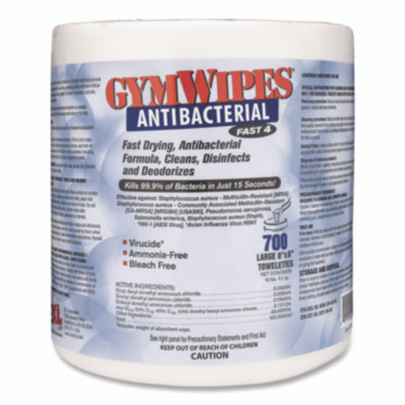 Antibacterial Gym Wipes Refill, 1-Ply, 6 x 8, Unscented, White, 700 Wipes/Pack, 4 Packs/Carton