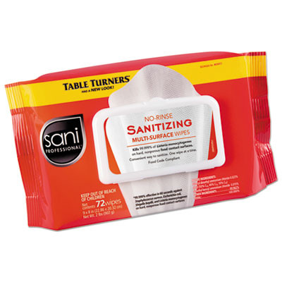 No-Rinse Sanitizing Multi-Surface Wipes, 1-Ply, 8 x 9, Unscented, White, 72 Wipes/Pack, 12 Packs/Carton
