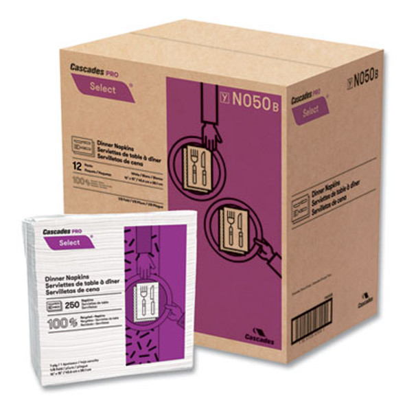 Select Dinner Napkins, 1-Ply, White, 15.5 X 16, 250/Pack, 12/Carton