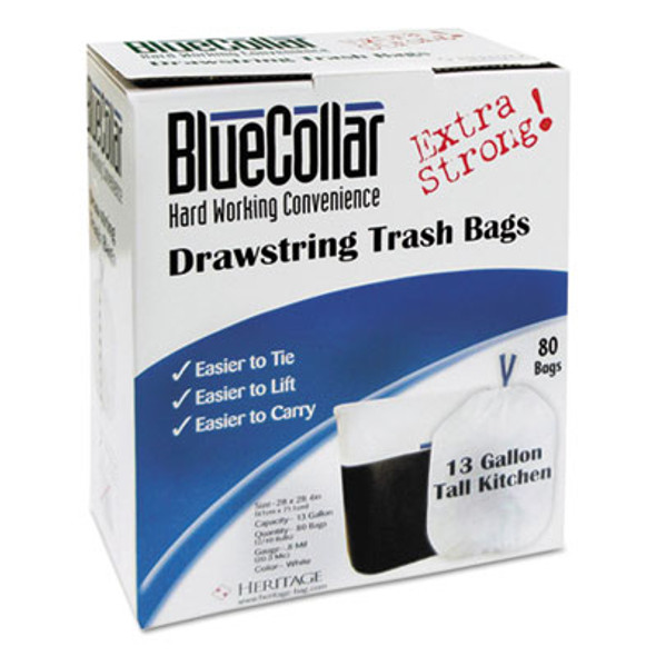 Drawstring Trash Bags, Drawstring, 13 Gal, 24" x 28", White, 80 Bags/Box, 6 Boxes/Carton