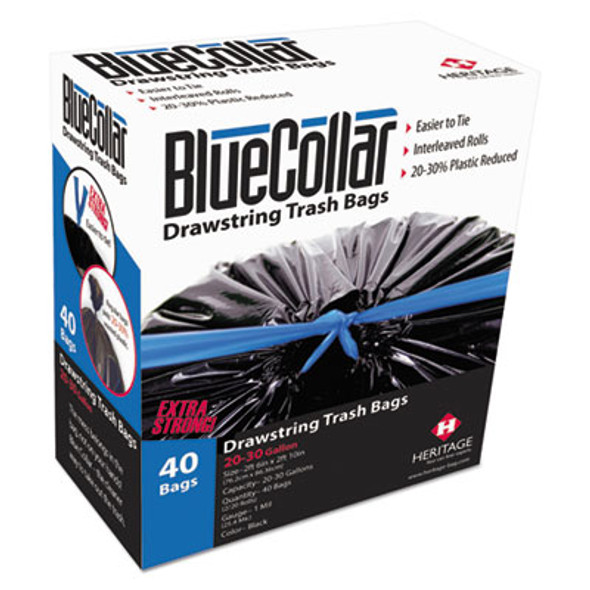 Drawstring Trash Bags, Drawstring, 30 Gal, 1 Mil, 30" x 34", Black, 40 Bags/Box, 6 Boxes/Carton