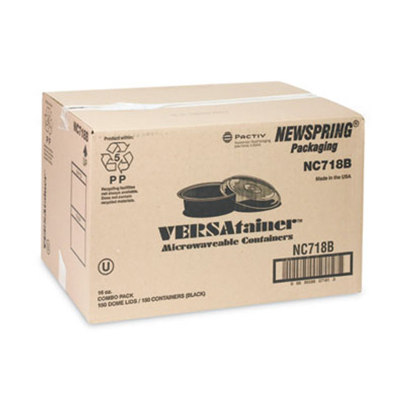 Newspring Versatainer Microwavable Containers, 16 Oz, 6" Diameter, Black/Clear, Plastic, 150/Carton