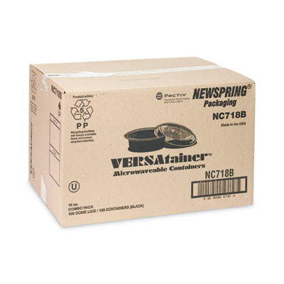 Newspring Versatainer Microwavable Containers, 16 Oz, 6" Diameter, Black/Clear, Plastic, 150/Carton